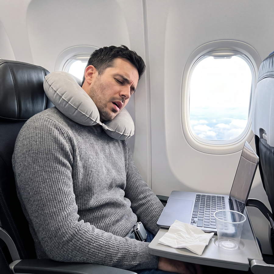 Pasajero incómodo durmiendo con almohada de cuello